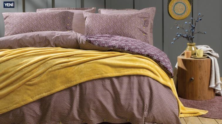 Yataş Bedding Çift Kişilik 5 Parça Wellsoft Battaniyeli Nevresim Takımı Seti Mimoza - Mürdüm