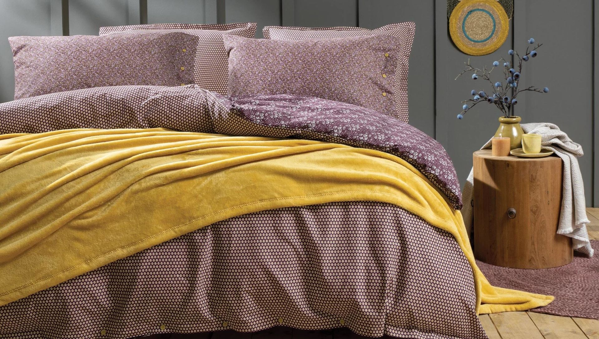 Yataş Bedding Çift Kişilik Mimoza Battaniye Nevresim Takımı Seti Mürdüm