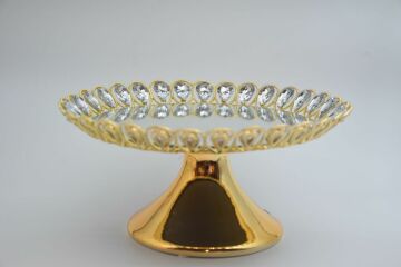 Biev Dekoratif Yuvarlak Taşlı Aynalı Altın Sunumluk