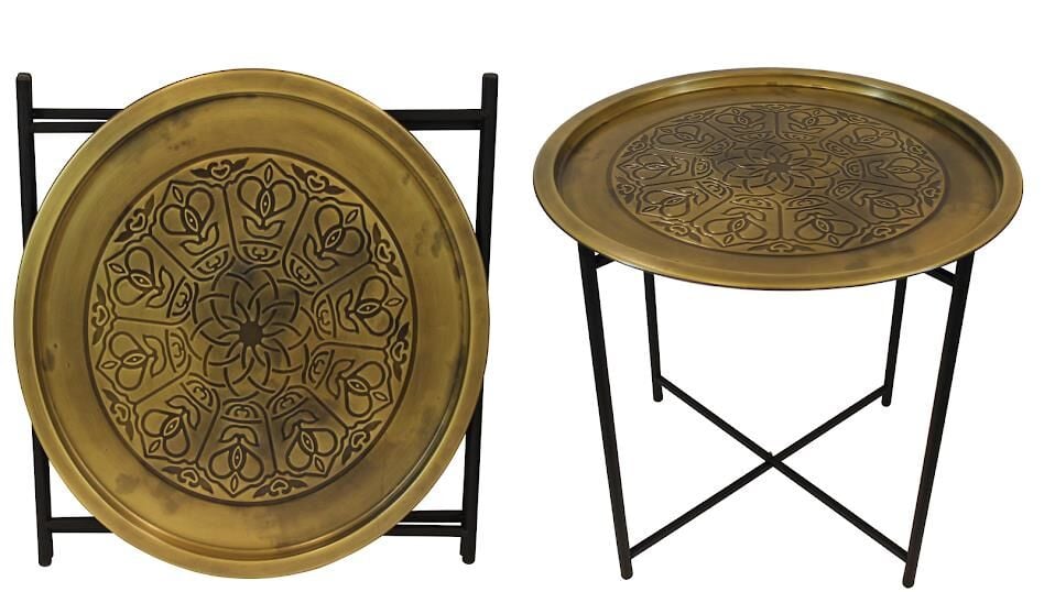 Biev Katlanır Standlı Metal Desenli Yuvarlak Sehpa Altın