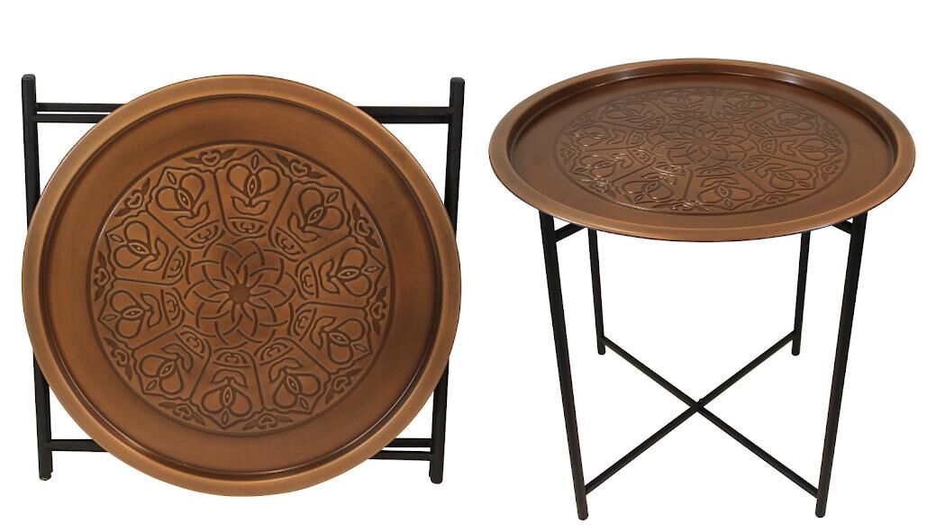 Biev Katlanır Standlı Metal Desenli Yuvarlak Sehpa Bakır