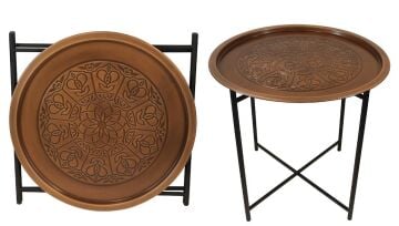 Biev Katlanır Standlı Metal Desenli Yuvarlak Sehpa Bakır