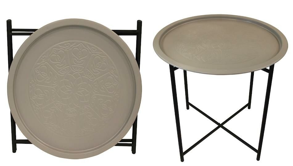 Biev Katlanır Standlı Metal Desenli Yuvarlak Sehpa Gri