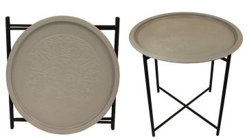 Biev Katlanır Standlı Metal Desenli Yuvarlak Sehpa Gri