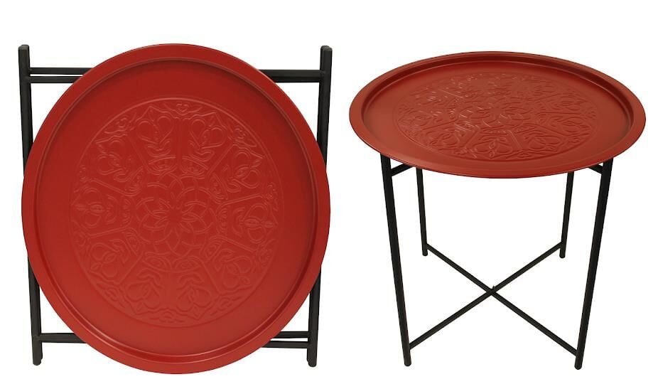 Biev Katlanır Standlı Metal Desenli Yuvarlak Sehpa Kırmızı