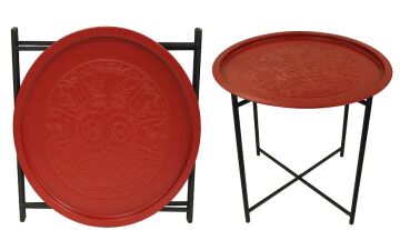 Biev Katlanır Standlı Metal Desenli Yuvarlak Sehpa Kırmızı