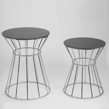 Biev 2Li Siyah Camlı Halkalı Krom Sehpa Takım/Ak.Fc0172