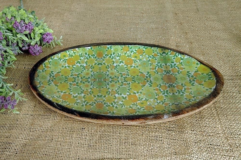 Biev Şiva Çiçek Desenli Oval Tabak Dekor B Yeşil/Ak.Fq0009-Y