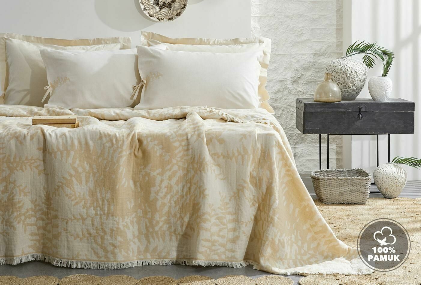 Yataş Bedding Çift Kişilik Lorena Müslin Pike Yatak Örtüsü Takımı - Camel